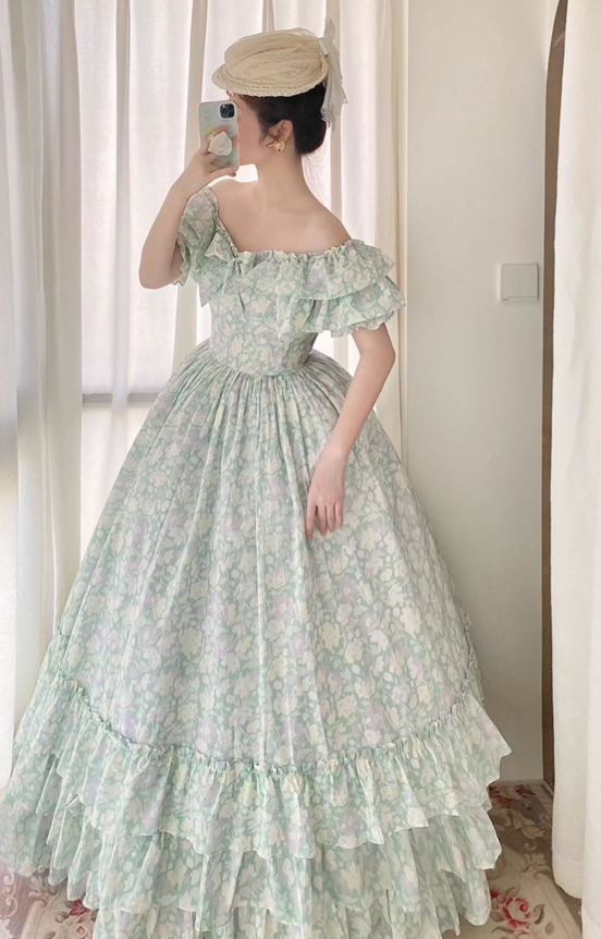 Elegant Mint Green Floral Evening Gown Off-the-Shoulder Tiered Ruffle Prom Dress DP7930
