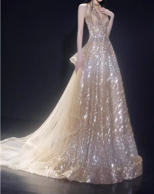 Glamorous Champagne Sequin Halter Neck Evening Gown A-Line Sheer Train Prom Dress DP7933