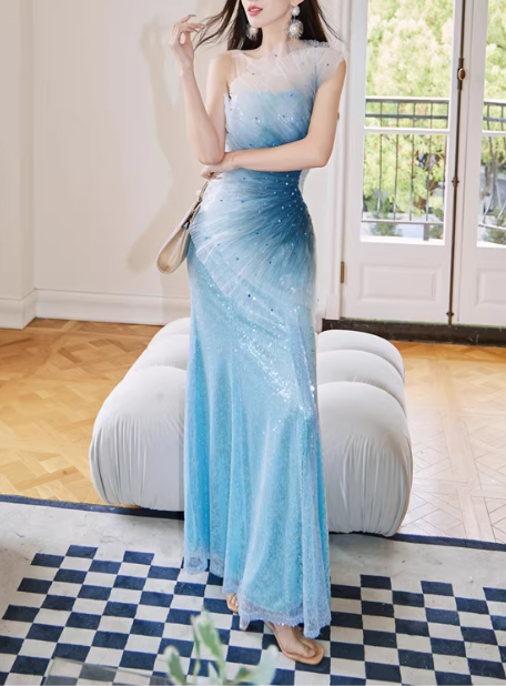 Chic Ombre Blue One-Shoulder Sequin Evening Gown Tulle Mermaid Prom Dress DP7969