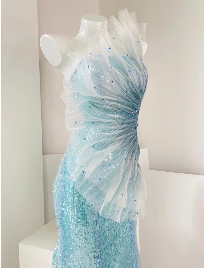 Chic Ombre Blue One-Shoulder Sequin Evening Gown Tulle Mermaid Prom Dress DP7969