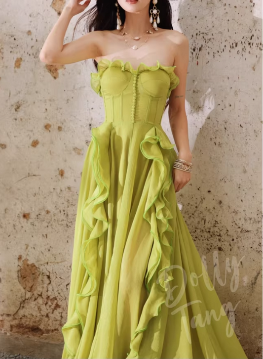 Chic Lime Green Strapless Ruffled Chiffon Prom Dress DP7970
