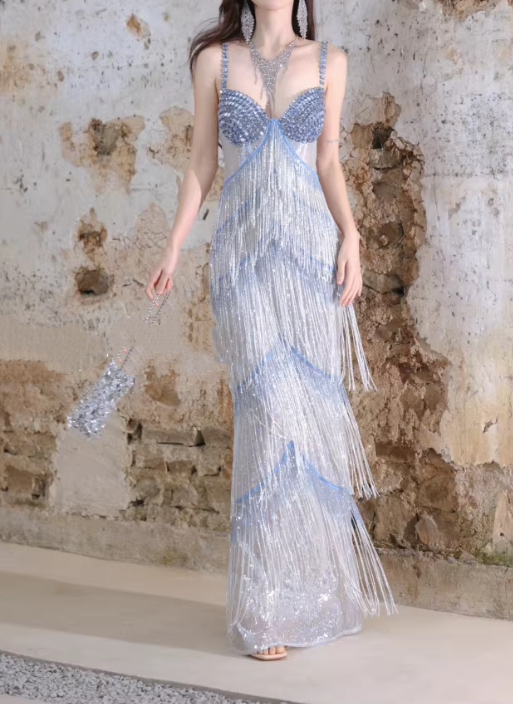 Elegant Silver Iridescent Fringed Sequin Formal Dress Sheath Beaded Prom Dress DP7973