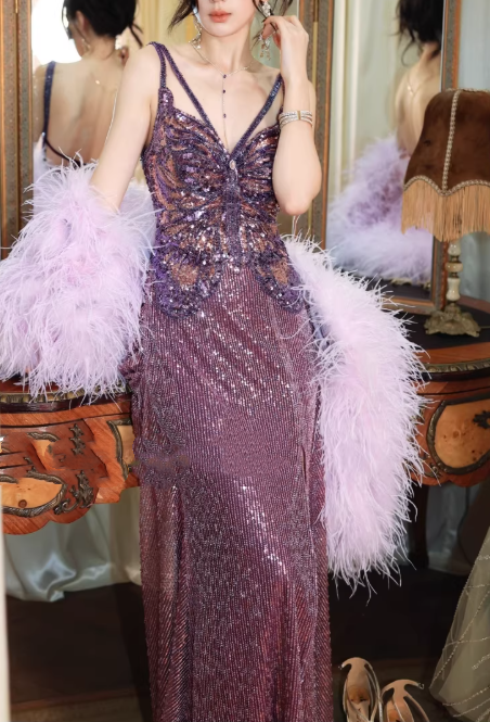 Sparkling Purple Sequin V-Neck Gown Spaghetti Straps & Slit Prom Dress DP7975