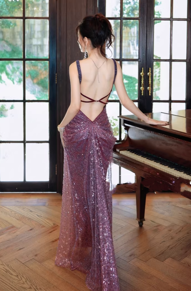 Sparkling Purple Sequin V-Neck Gown Spaghetti Straps & Slit Prom Dress DP7975