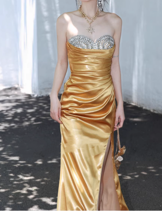 Vintage Strapless Gold Satin Ruched Evening Gown Beaded Prom Dress DP7978