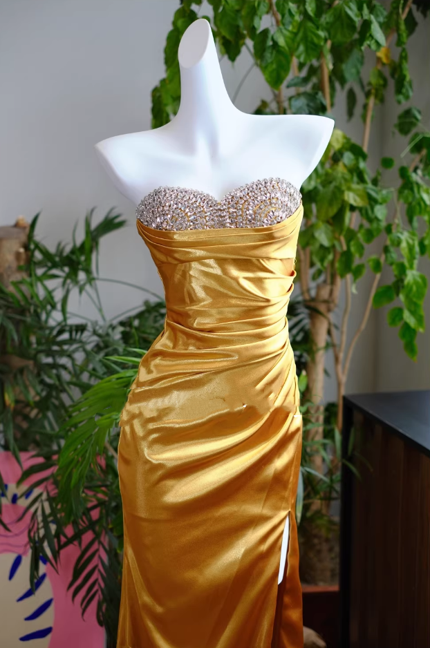 Vintage Strapless Gold Satin Ruched Evening Gown Beaded Prom Dress DP7978