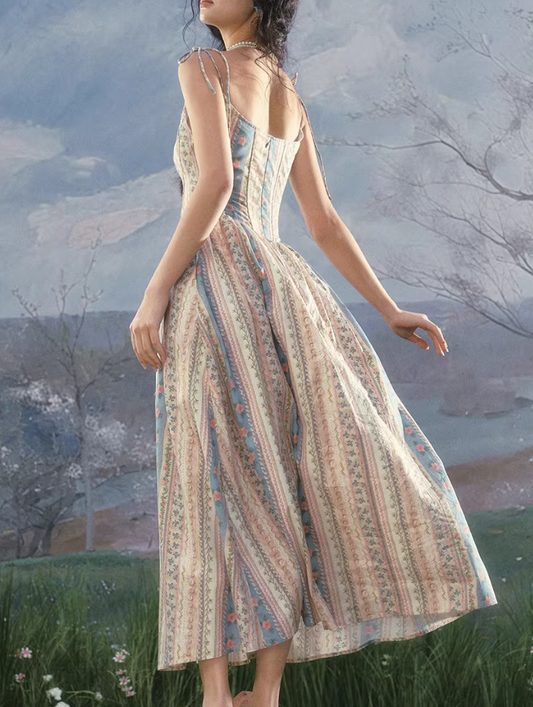 Vintage Pastoral Floral Stripe Maxi Prom Dress Spaghetti Straps Evening Gown DP7990