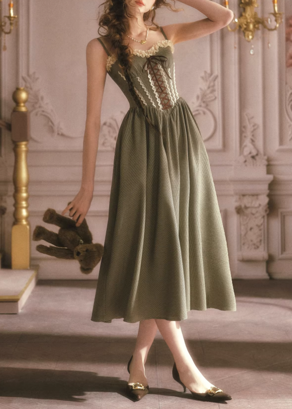Vintage Green Lace Up Bodice Ruffled Hem Prom Dress Sweetheart Spaghetti Strap Evening Gown DP7992
