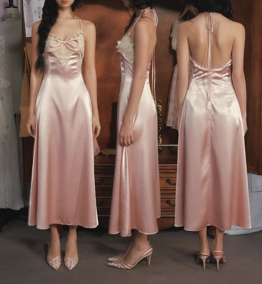 Vintage Pink Satin Slip Dress Lace Applique Spaghetti Straps Evening Gown DP7996