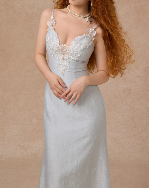 Robe de bal fourreau vintage bleu clair à bordure en dentelle et fines bretelles, DP7997