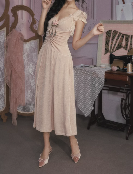 Vintage Pink Velvet Midi Gown 3D Floral Applique Ruching Evening Gown DP8004