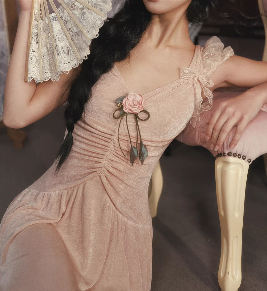 Vintage Pink Velvet Midi Gown 3D Floral Applique Ruching Evening Gown DP8004