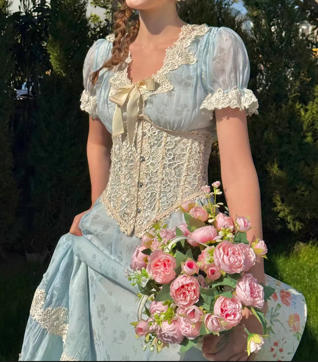 Vintage Blue Floral V-Neck Puff Sleeve Light Evening Gown DP8005