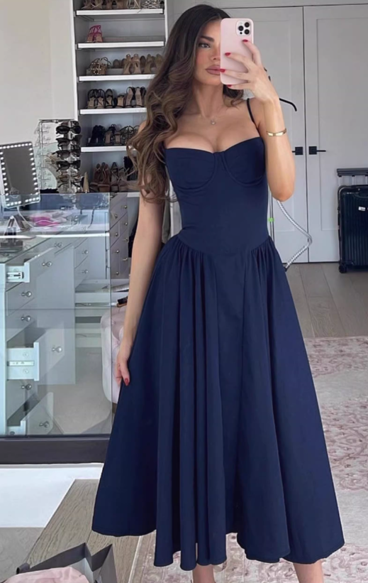 Vintage Navy Blue A-Line Prom Dress Spaghetti Strap Evening Gown DP8034