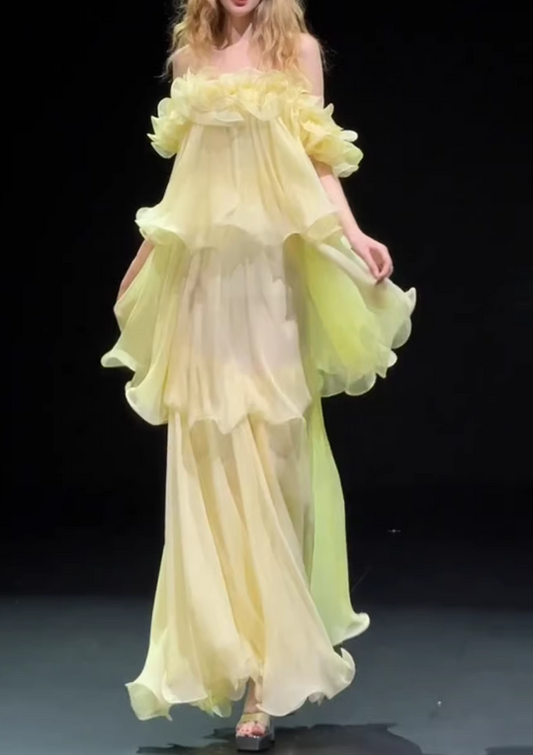 Elegant Pale Yellow Off-the-Shoulder Ruffled Tiered Tulle Prom Gown Evening Dress DP8057