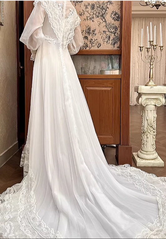 Vintage Ivory Lace Tulle High Neck & Puff Sleeves A-Line Wedding Dress DP8064
