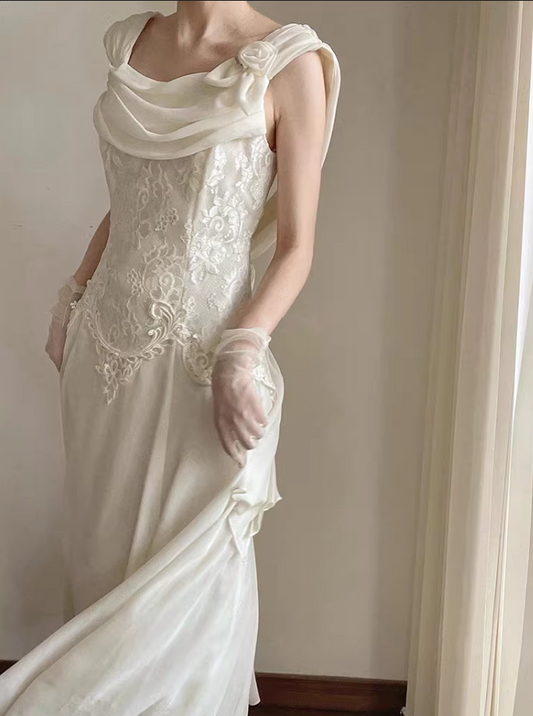 Vintage Ivory Lace Cowl Neck Sleeveless A-Line Wedding Dress DP8066