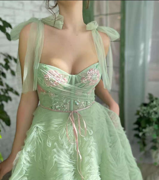 Elegant Sage Green Sweetheart Floral Tulle Straps Evening Dress DP8073
