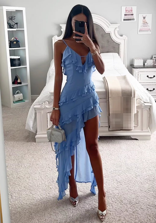 Vintage Sky Blue Ruffled High-Low Spaghetti Straps Cocktail Dress Evening Dress DP8076