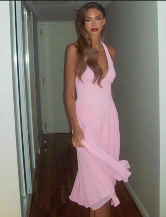 Elegant Simple Pink Halter Neck A-Line Chiffon Evening Dress DP8092