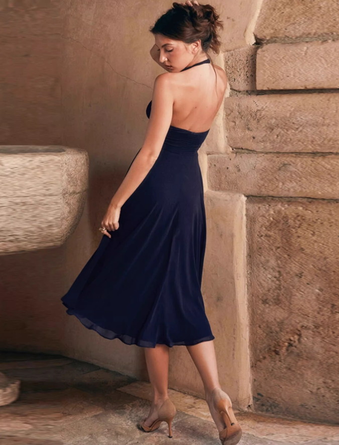 Elegant Simple Pink Halter Neck A-Line Chiffon Evening Dress DP8092