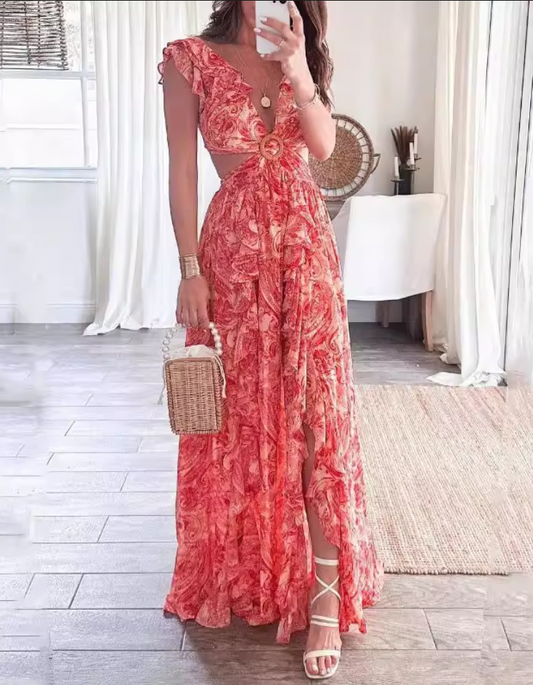 Simple Elegant Floral Print Cutout V-Neck Maxi Evening Dress DP8096