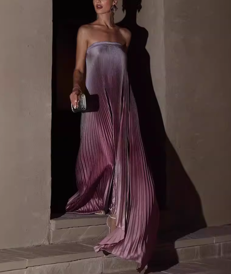 Luxury Ombre Purple Satin Pleated Strapless Evening Dress DP8097