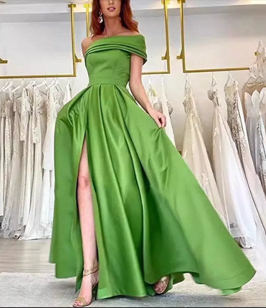 Glamorous Olive Green Satin One-Shoulder Gown A-Line High Slit Evening Dress DP8110