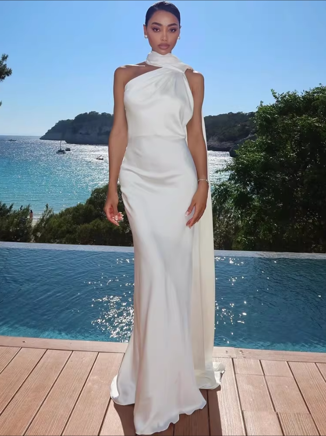 Glamorous Burgundy Satin Draped Cape Sheath Evening Dress Prom Dress DP8114