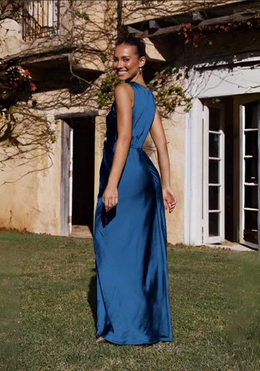 Elegant Teal Satin V-Neck High Slit Evening Dress Prom Dress DP8116