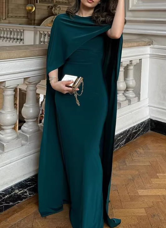 Elegant Emerald Green Cape Sleeve Draped Floor-Length Mother of the Bride Dress DP8147