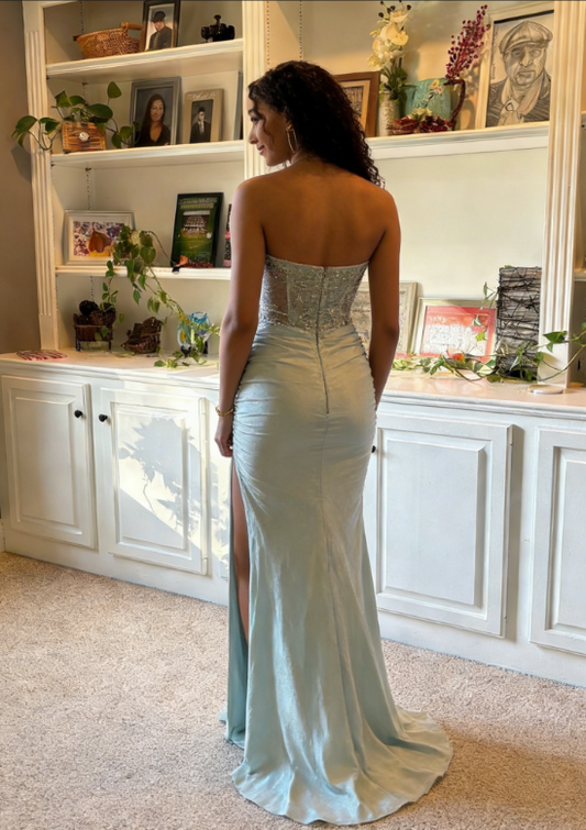 Elegant Mint Green Strapless Mermaid Prom Dress Beaded Formal Evening Gown with High Slit DP8199
