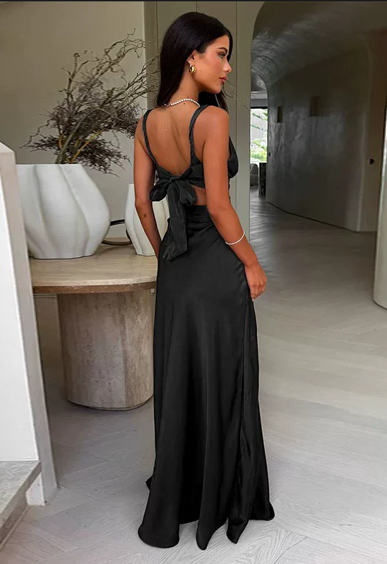 Vintage Satin-Slip-Ballkleid mit Wasserfallausschnitt, Spaghettiträgern, formelles Abendkleid DP8357