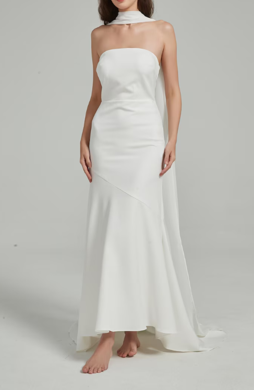 Elegant Cream Ivory Strapless Satin Mermaid Flowing Neck Bow Sash Wedding Dress DP8397