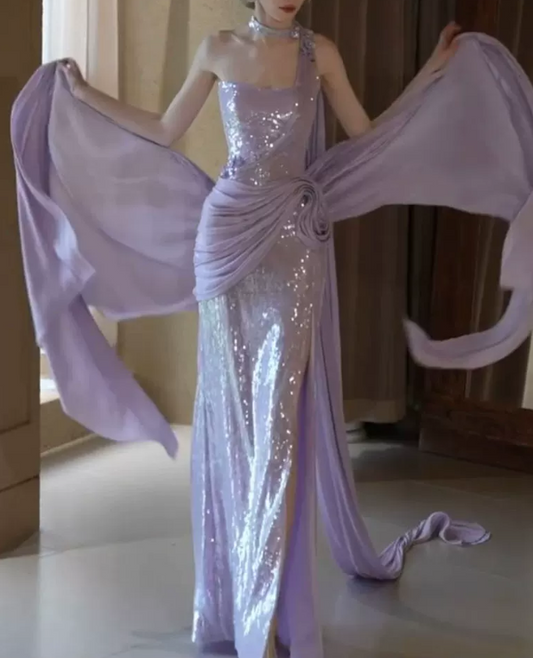 Elegant Lavender Sequin One-Shoulder Mermaid 3D Floral Prom Dress DP8572