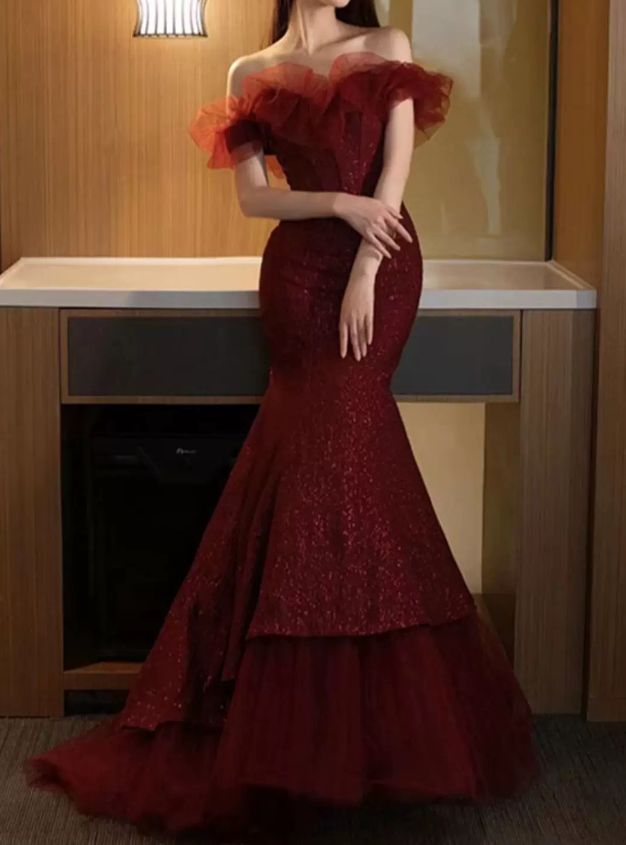 Elegant Burgundy Glitter Off-the-Shoulder Ruffle Tulle Mermaid Tiered Tulle Evening Gown DP8574