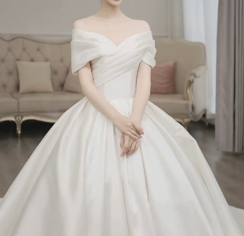 Romantic Off-the-Shoulder Draped Satin A-Line Train Wedding Dress DP8623
