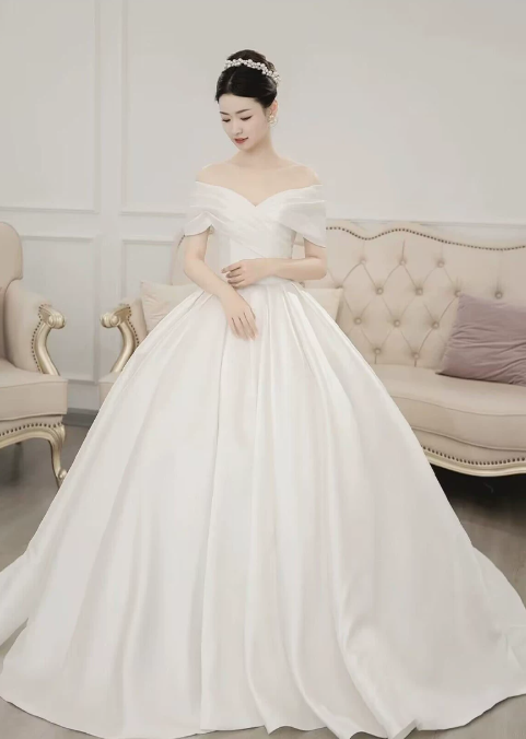 Romantic Off-the-Shoulder Draped Satin A-Line Train Wedding Dress DP8623