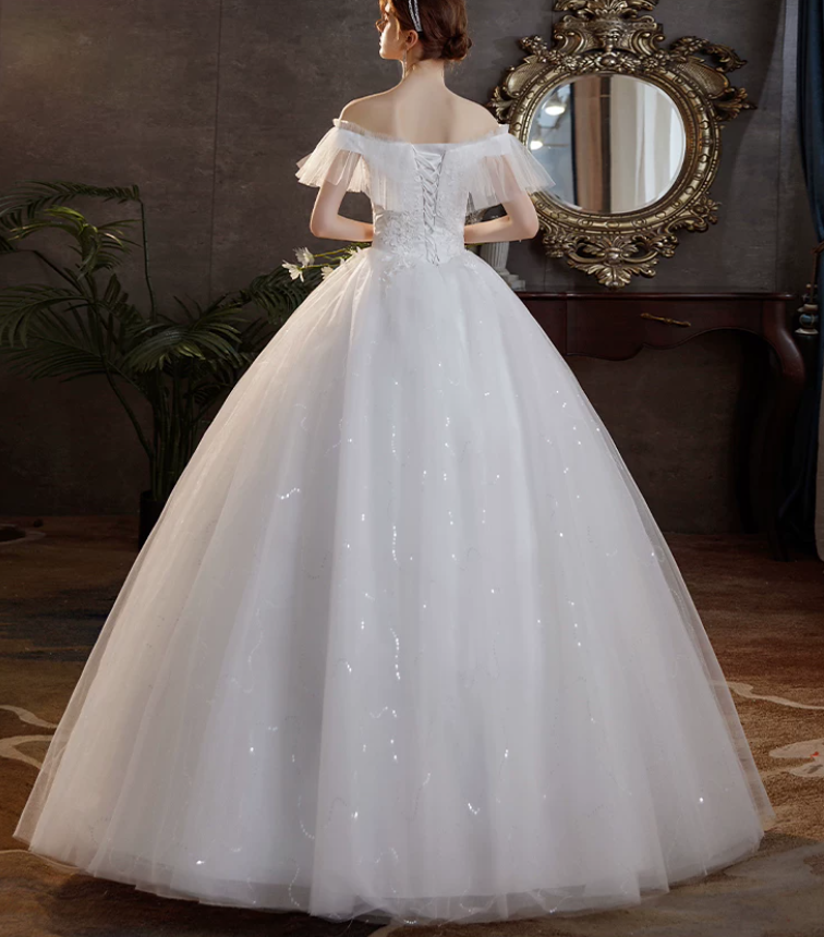 Romantic Off-the-Shoulder Tulle Ruffled Sparkly Sequined A-Line Wedding Dress DP8627