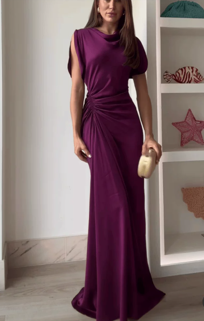 Elegant Plum Purple Draped Cowl Neck Satin Ruched Prom Dress DP8631