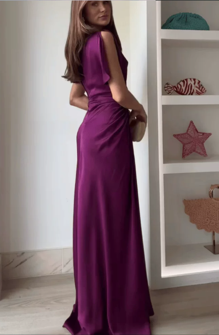 Elegant Plum Purple Draped Cowl Neck Satin Ruched Prom Dress DP8631