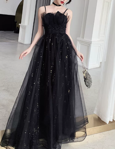 Gorgeous Spaghetti Strap Black Glitter Tulle A-Line Lace Appliqued Quinceanera Ball Gown DP8633