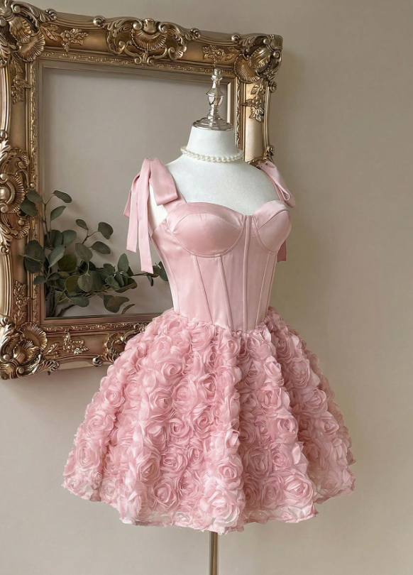 Vintage Pink Sweetheart Satin Bow Shoulder Straps 3D Rose Floral A-Line Birthday Party Homecoming Dress DP8670