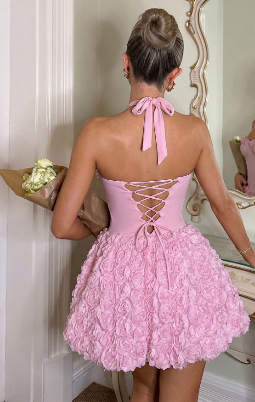 Elegant Pink Halter-Neck 3D Floral Lace-Up A-Line Homecoming Dress DP8693