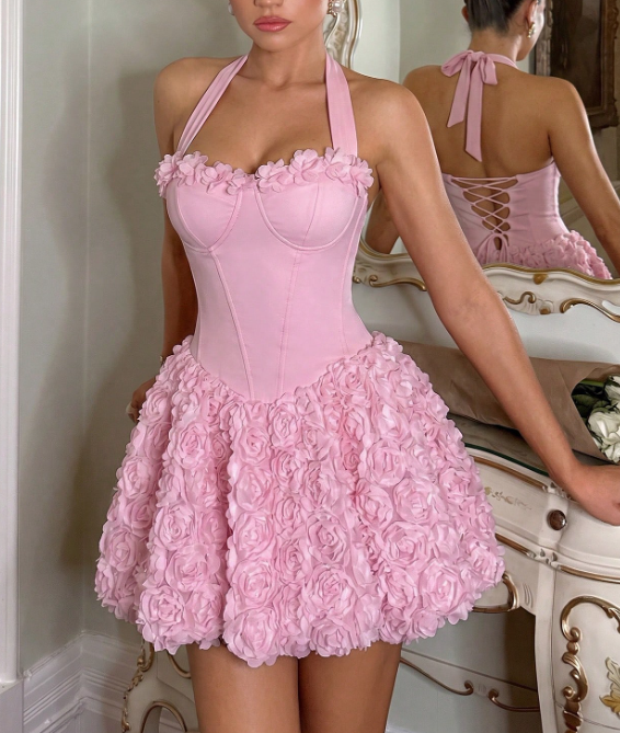 Elegant Pink Halter-Neck 3D Floral Lace-Up A-Line Homecoming Dress DP8693