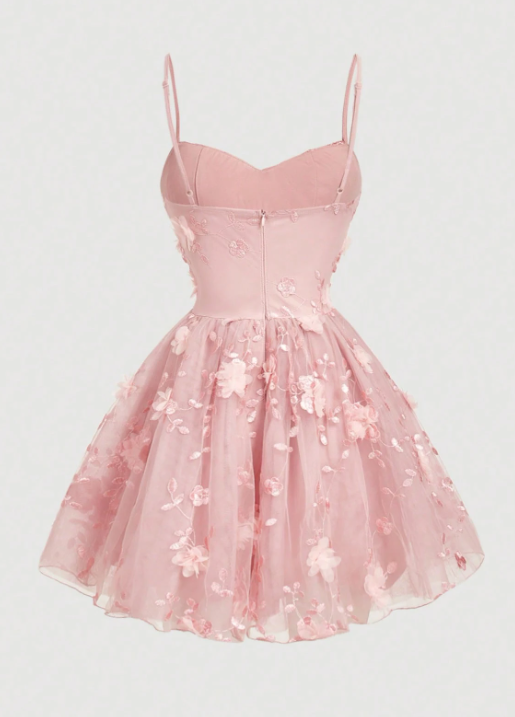 Elegant Pink Spaghetti Strap Tulle 3D Floral Appliques Sweetheart A-Line Homecoming Dress DP8694