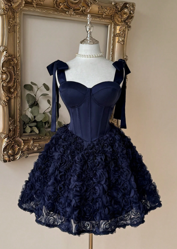 Elegant Navy Blue Bow Strap Sweetheart Corset 3D Floral Tulle A-Line H – DSProm