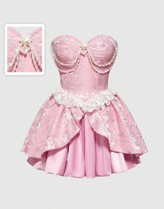 Elegant Pink Strapless Sweetheart Pearl Chain Lace Ruffle Satin A-Line Homecoming Dress DP8697
