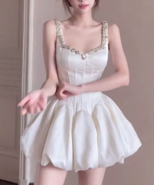 Elegant White Satin Corset Mini Rhinestone Square Neck A-Line Homecoming Dress DP8742