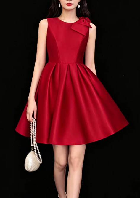 Elegant Red Satin Sleeveless Bow A-Line Homecoming Dress DP8743